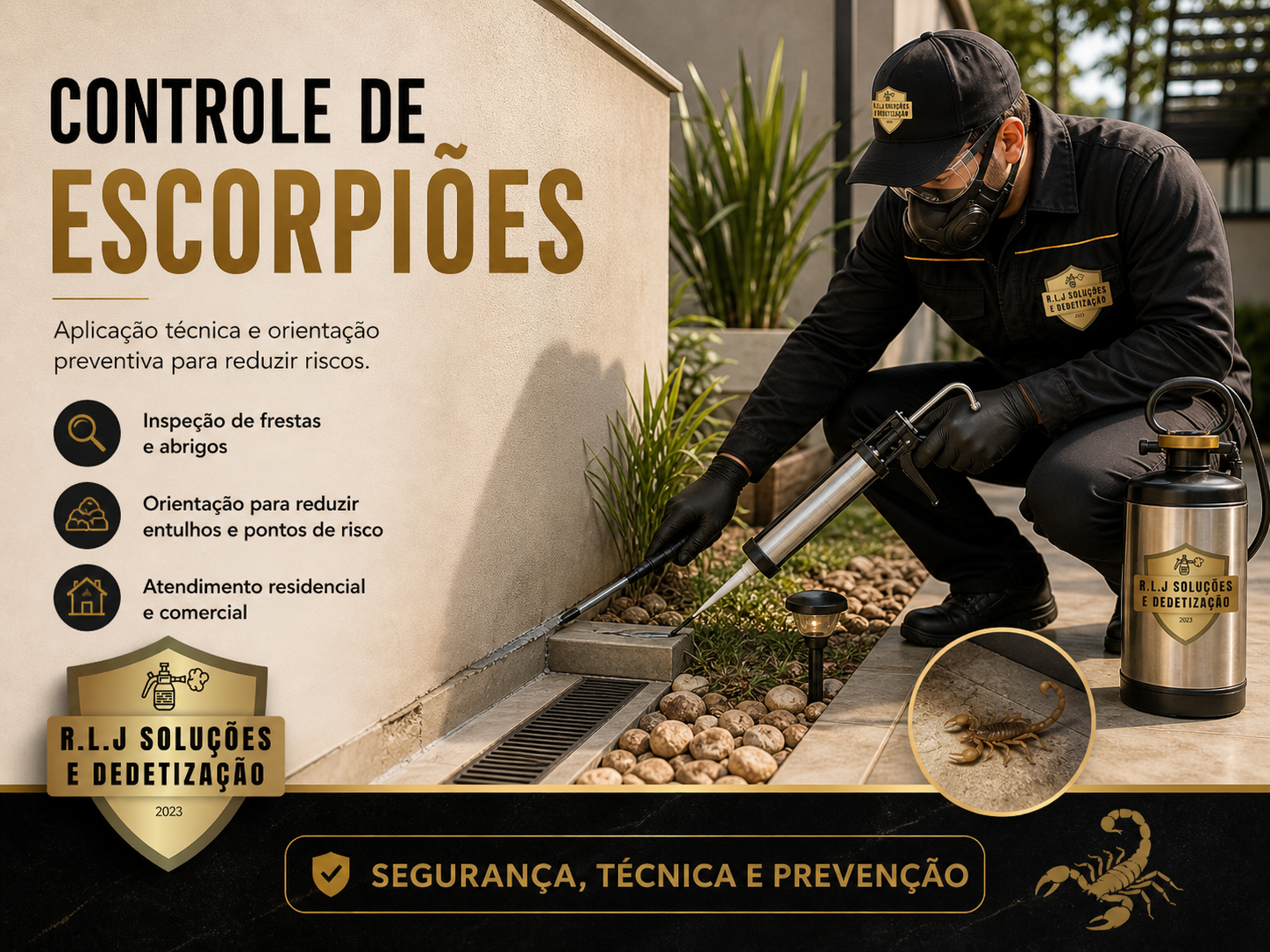 Controle de escorpiões com aplicação técnica e orientação preventiva em área externa