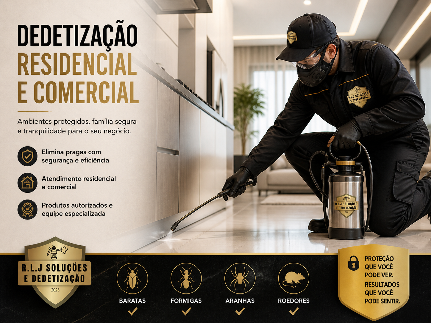 Dedetização residencial e comercial com técnico aplicando controle de pragas em ambiente interno